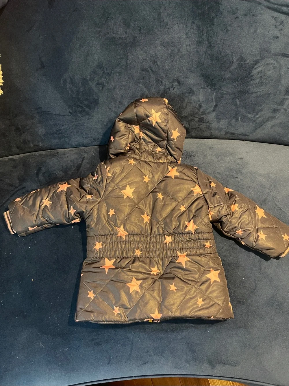 Girls Navy Puffer Jacket with Pink Star Print and Lining